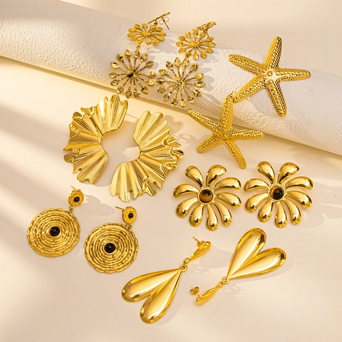 Pendientes Colgantes Vintage de Acero de Titanio Dorado Estrella de Mar Corazón Flor Con Poste de Acero Inoxidable Joyería de Declaración Mujer