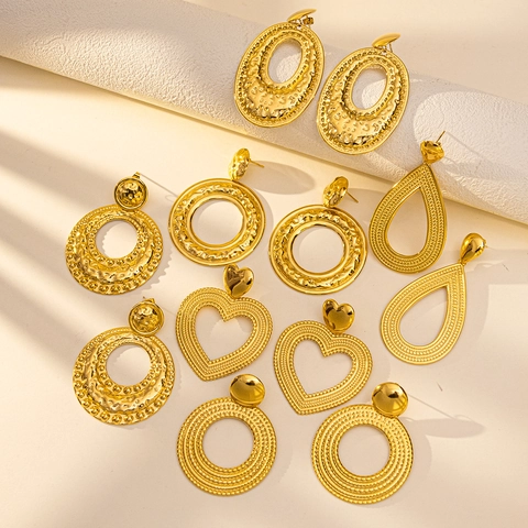 French Vintage Gold Stainless Steel Earrings Hammered Geometric Heart Drop Statement Earrings For Women Fashion Jewelry