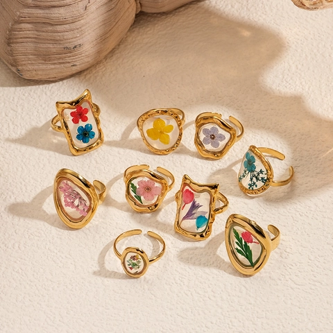 French Style Stainless Steel Open Adjustable Ring Real Dried Flowers Geometric Gold Plated Resin Floral Rings For Women Fashion Jewelry