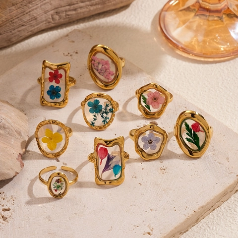 French Style Stainless Steel Open Adjustable Ring Real Dried Flowers Geometric Gold Plated Resin Floral Rings For Women Fashion Jewelry