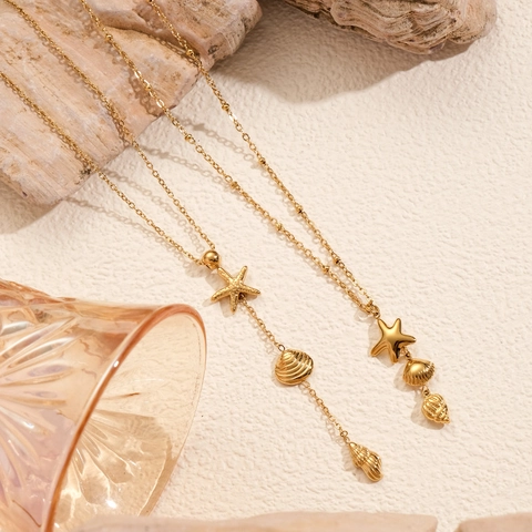 Collier Thème Océan en Acier Inoxydable Bohémien Pendentif Étoile de Mer Coquillage Plaqué Or Bijoux de Vacances d'Été pour Femmes