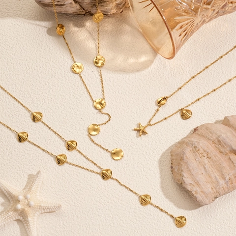 Barock Ozean Thema Muschel Seestern Anhänger Y-Förmige Halskette Edelstahl 18K Vergoldet Vintage Schmuck Für Damen