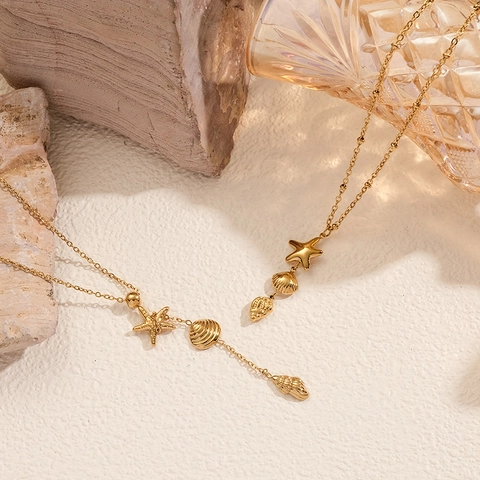 Collier Thème Océan en Acier Inoxydable Bohémien Pendentif Étoile de Mer Coquillage Plaqué Or Bijoux de Vacances d'Été pour Femmes