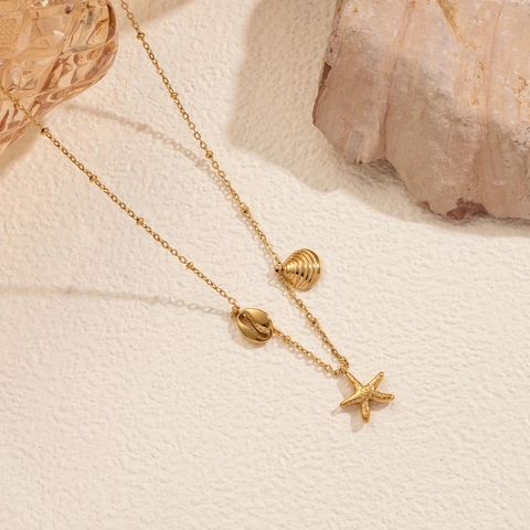 Barock Ozean Thema Muschel Seestern Anhänger Y-Förmige Halskette Edelstahl 18K Vergoldet Vintage Schmuck Für Damen