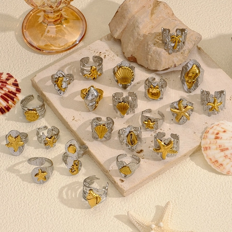 Vintage Titanium Steel Open Rings Gold Silver Two Tone Hammered Texture Ocean Starfish Shell Adjustable Rings For Women
