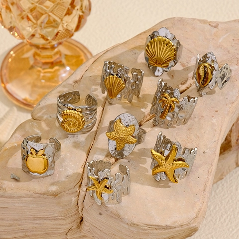 Vintage Titanium Steel Open Rings Gold Silver Two Tone Hammered Texture Ocean Starfish Shell Adjustable Rings For Women