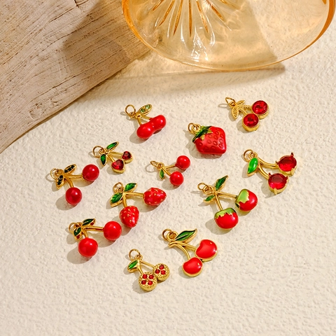 Stainless Steel Fruit Theme Pendant Strawberry Cherry Peach Charms Gold Plated Enamel DIY Jewelry Accessories For Women Bracelet Necklace Making