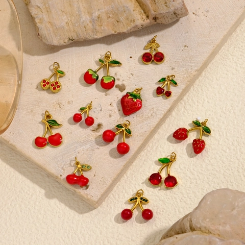 Stainless Steel Fruit Theme Pendant Strawberry Cherry Peach Charms Gold Plated Enamel DIY Jewelry Accessories For Women Bracelet Necklace Making