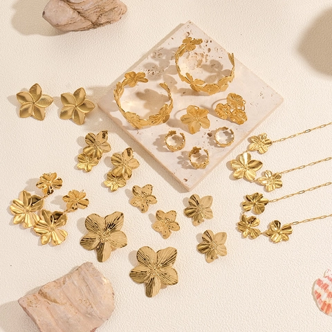 Stainless Steel Flower Jewelry Necklace Earrings Bracelet Ring For Women Vintage Textured Botanical Design Gold Plated Accessory