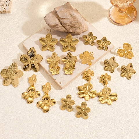 Stainless Steel Flower Jewelry Necklace Earrings Bracelet Ring For Women Vintage Textured Botanical Design Gold Plated Accessory