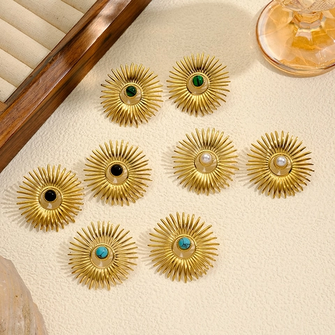 Boucles d'Oreilles Clous Rayon de Soleil en Acier Inoxydable Style Français Plaqué Or Bijoux pour Femmes