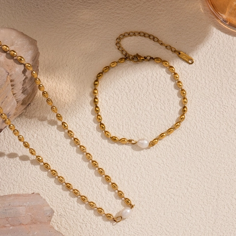 Ensemble Collier Bracelet en Acier Inoxydable Plaqué Or 18K avec Perle d'Eau Douce Naturelle Bijoux Chaîne Minimaliste
