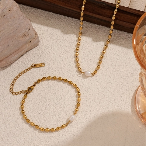 Ensemble Collier Bracelet en Acier Inoxydable Plaqué Or 18K avec Perle d'Eau Douce Naturelle Bijoux Chaîne Minimaliste