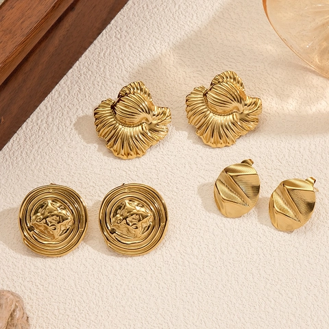 Orecchini Geometrici in Acciaio Inossidabile Vintage Francese Placcati Oro Martellati Plissettati per Donna Gioielli