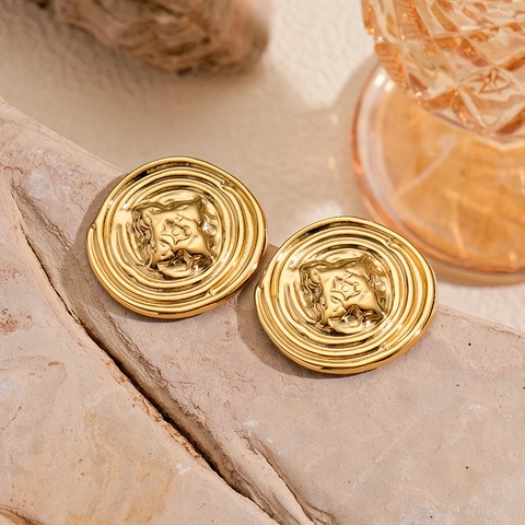 Orecchini Geometrici in Acciaio Inossidabile Vintage Francese Placcati Oro Martellati Plissettati per Donna Gioielli