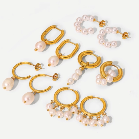 French Vintage Freshwater Pearl Stainless Steel Earrings For Women Gold Plated Geometric Hoop Stud Earrings Fashion Jewelry