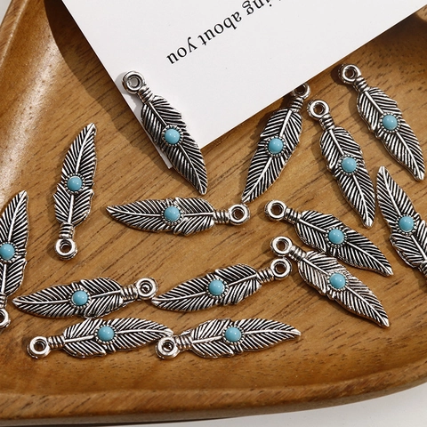 Pendentif Plume en Alliage Argent Antique Vintage Avec Perle Turquoise Ethnique Boho Accessoire de Bijouterie DIY