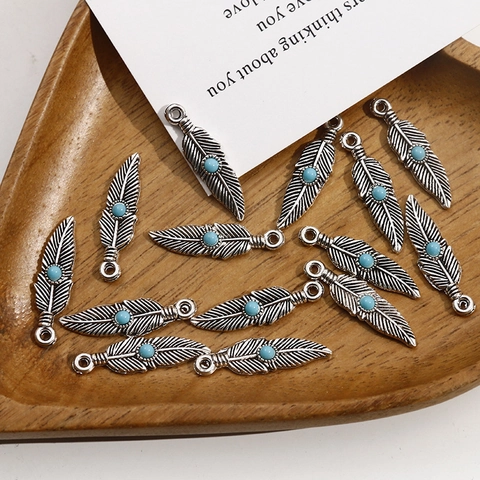 Pendentif Plume en Alliage Argent Antique Vintage Avec Perle Turquoise Ethnique Boho Accessoire de Bijouterie DIY