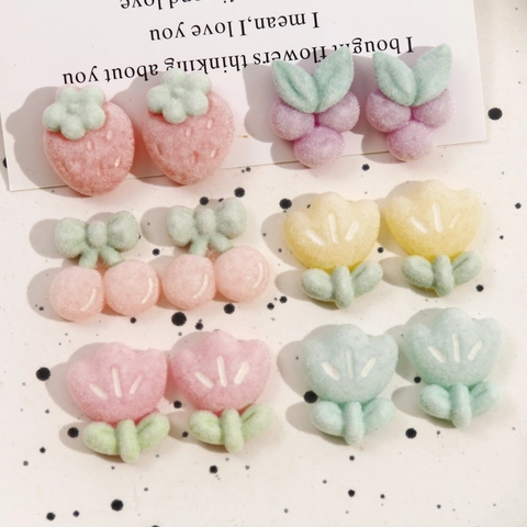 Flocked Resin Fruit Flower Patches DIY Jewelry Accessories For Earring Hair Clip Strawberry Grape Cherry Tulip Charms Components