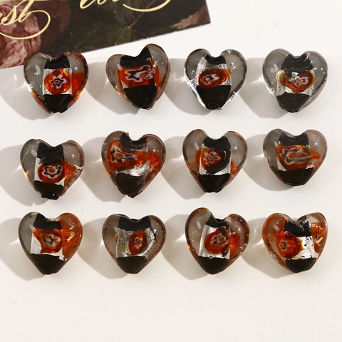 Perline a Cuore in Vetro Lampwork Fatte a Mano Con Motivi Floreali E Foglia d'Argento Accessori Per Creazione Gioielli Fai-da-te
