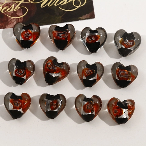 Perline a Cuore in Vetro Lampwork Fatte a Mano Con Motivi Floreali E Foglia d'Argento Accessori Per Creazione Gioielli Fai-da-te