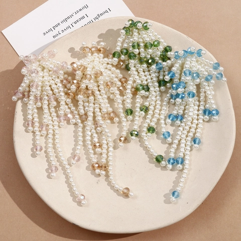 Hand-Woven Long Tassel Beaded Drop Earrings For Women Artificial Pearl Glass Beads Vintage Flower Cluster Party Jewelry