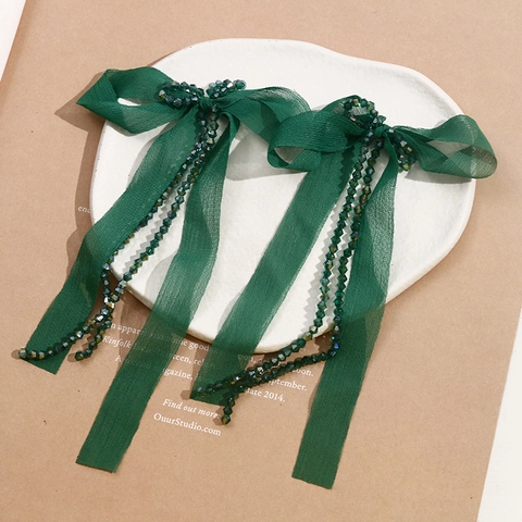 Donkergroene Mesh Strik Haarclip Elegante Lange Kwast Kristallen Kralen Haarspeld Vintage Franse Stijl Dames Haaraccessoires