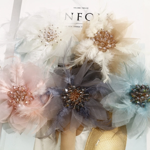 Handmade Mesh Feather Flower DIY Accessory Crystal Beaded Hair Ornament Brooch Floral Decoration For Wedding Party Women
