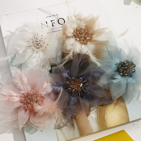 Handmade Mesh Feather Flower DIY Accessory Crystal Beaded Hair Ornament Brooch Floral Decoration For Wedding Party Women