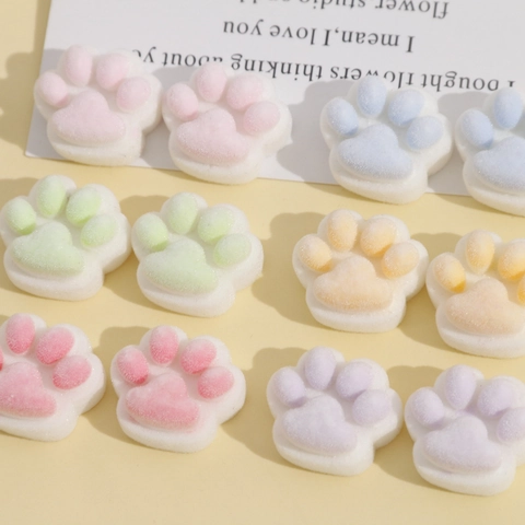 Cute Flocked Cat Paw Resin Charms For DIY Jewelry Making Hairpins Earrings Decoration Crafting Supplies Pastel Color Cartoon Animal Footprint Patches