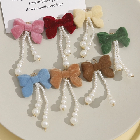 Flocked Bow Artificial Pearl Tassel Pendant For DIY Jewelry Making Vintage Elegant Sweet Girly Craft Accessory Charms