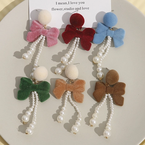 Vintage Flocking Bowknot Long Tassel Dangle Earrings For Women Sweet Autumn Winter Artificial Pearl Drop Earrings Jewelry Accessories