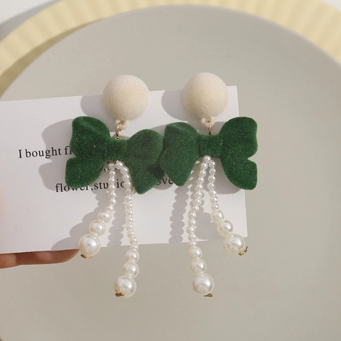 Vintage Flocking Bowknot Long Tassel Dangle Earrings For Women Sweet Autumn Winter Artificial Pearl Drop Earrings Jewelry Accessories