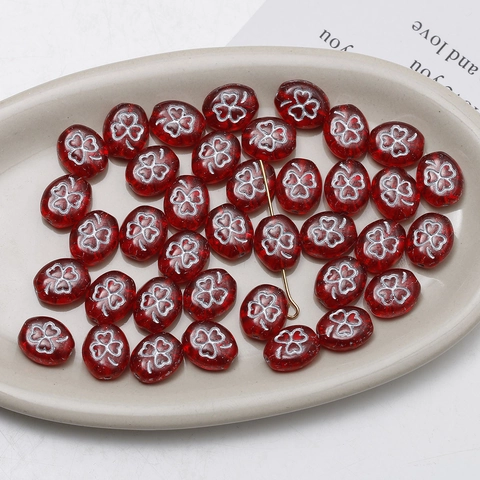 Vintage Czech Glass Red Oval Clover Pattern Loose Beads For DIY Jewelry Making Necklace Bracelet Earrings Findings Accessory