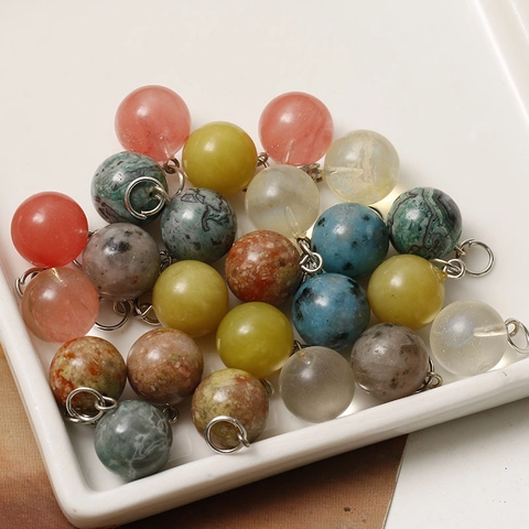 Natural Stone Round Ball Pendant Charms With Metal Jump Ring For DIY Jewelry Making Necklace Earring Spotted Accessory