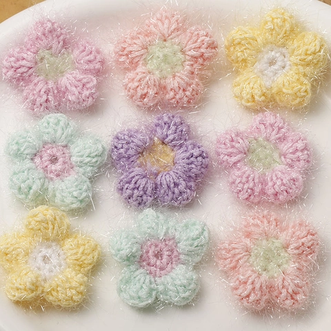 Handgefertigte Häkelblume Zubehör Mit Glänzendem Metalldraht Baumwollgarn Puffblume Für DIY Haarklammer Bekleidung Dekoration Damen Bastelmaterial
