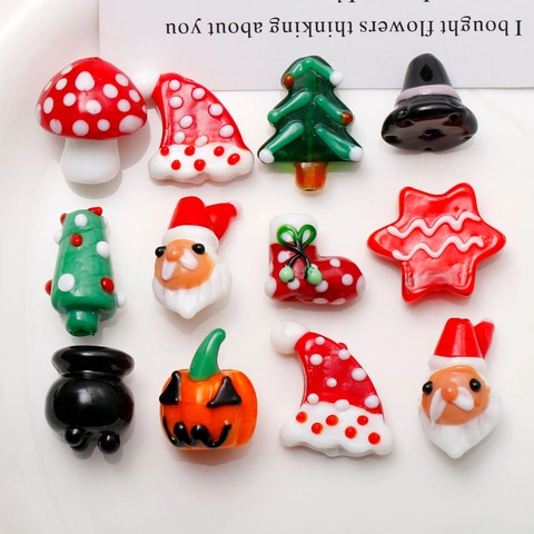 Handmade Lampwork Glass Beads DIY Jewelry Making Charms Christmas Santa Tree Halloween Pumpkin Witch Hat For Women Gifts