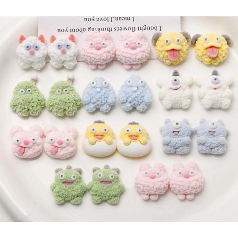 Cute Flocked Resin Cartoon Monster Animal Flatback Charms DIY Craft Accessories For Phone Case Hair Clips Decoration