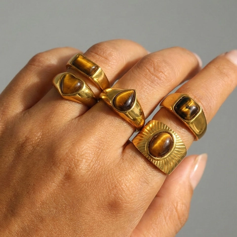 French Vintage Stainless Steel Tiger Eye Ring For Women Gold Plated Geometric Heart Oval Stone Signet Band Ring Jewelry