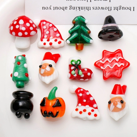 Handmade Lampwork Glass Beads DIY Jewelry Making Charms Christmas Santa Tree Halloween Pumpkin Witch Hat For Women Gifts