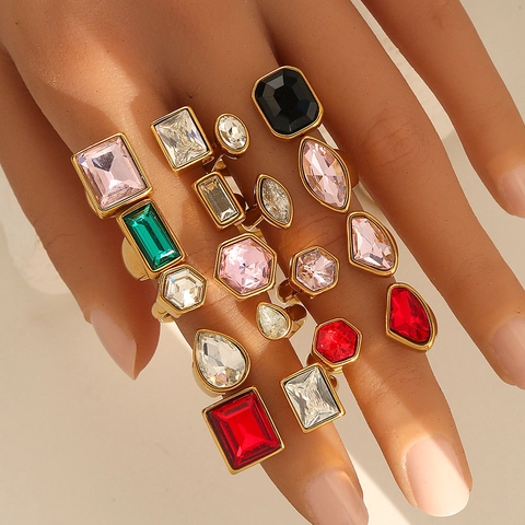 Modern 304 Edelstahl Offener Verstellbarer Ring Für Damen Geometrisch Mehrfarbig Strass Gold Galvanisiert Mode Fingerschmuck