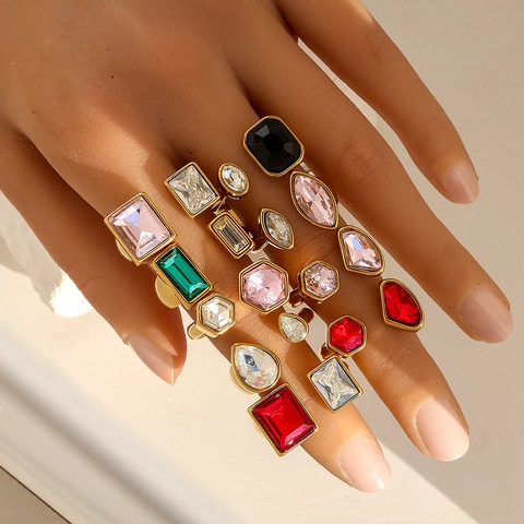 Modern 304 Edelstahl Offener Verstellbarer Ring Für Damen Geometrisch Mehrfarbig Strass Gold Galvanisiert Mode Fingerschmuck