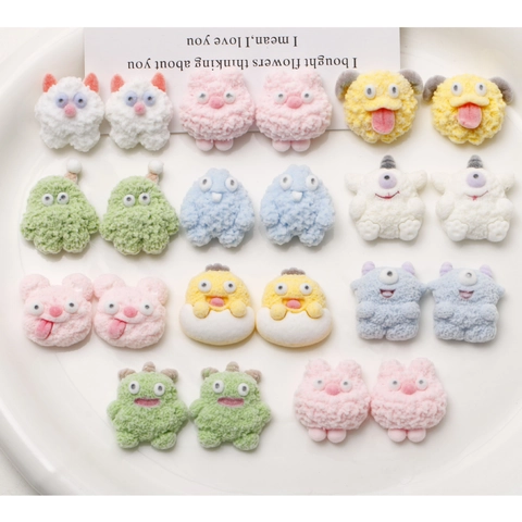 Cute Flocked Resin Cartoon Monster Animal Flatback Charms DIY Craft Accessories For Phone Case Hair Clips Decoration