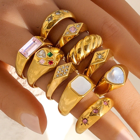 Anillo de Acero Inoxidable Vintage para Mujeres Hombres Chapado en Oro Strass Perla Artificial Corazón Estrella Geométrico Joyería Retro