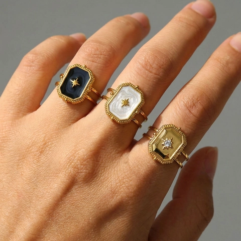 Anillo Abierto de Acero Inoxidable Vintage Para Mujeres Hombres Chapado en Oro Esmalte Estrella Cuadrado Anillo Ajustable Joyería de Moda Regalo