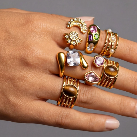 Anello Aperto Regolabile in Acciaio Inossidabile Oro Vintage per Uomo Donna Strass Colorati Sole Luna Occhio di Tigre Pietra Naturale Gioielli