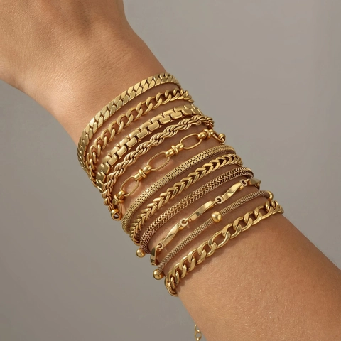 Pulsera de Cadena de Acero Inoxidable Chapado en Oro Joyería Minimalista Retro para Mujer Hombre Pulseras Cuban Figaro Rope Snake Box