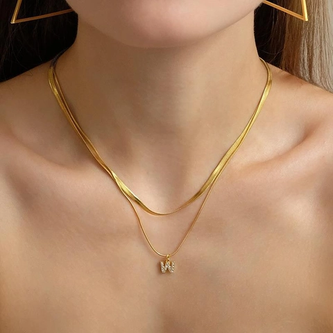 Titanstahl Doppelreihige Schlangenkette Halskette Strass Initialen Buchstaben Anhänger Goldene Mode Schmuck Für Damen