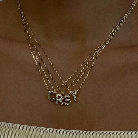 Collana Iniziale in Acciaio Inossidabile Placcato Oro 18K Moda Europea Americana Donna Pendente Alfabeto Strass Gioielli