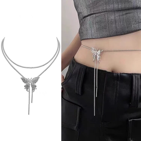 Catena da Girovita Donna con Farfalla e Nappa in Acciaio Inossidabile Hip Hop Argento Cintura per Vestito Accessori Moda